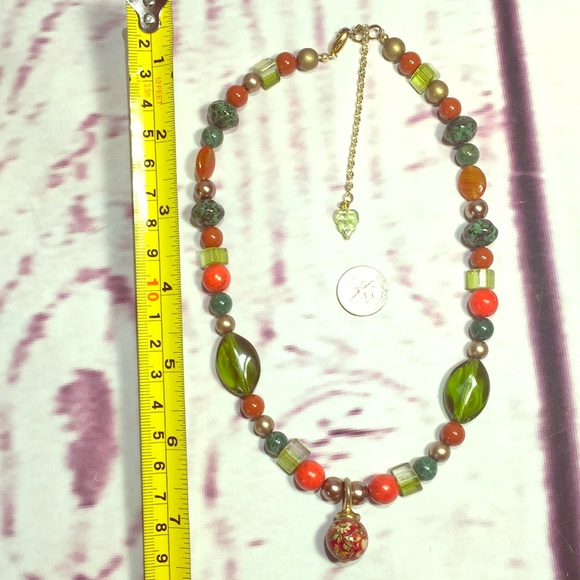 Handmade earth tone ORIGINAL OOAK glass bead adjustable green red Necklace retro - Picture 3 of 16